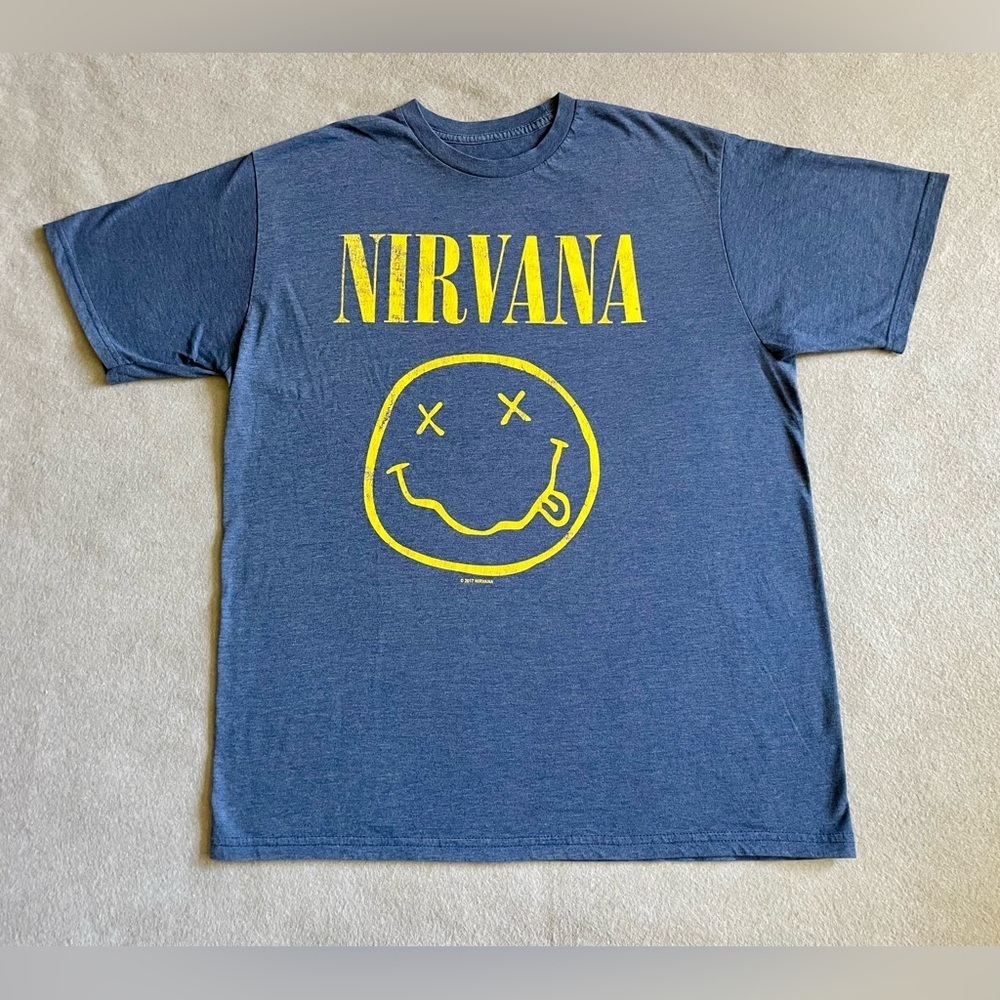 Nirvana Rock Band Men’s Shirt Size XL Smiley Face Blue